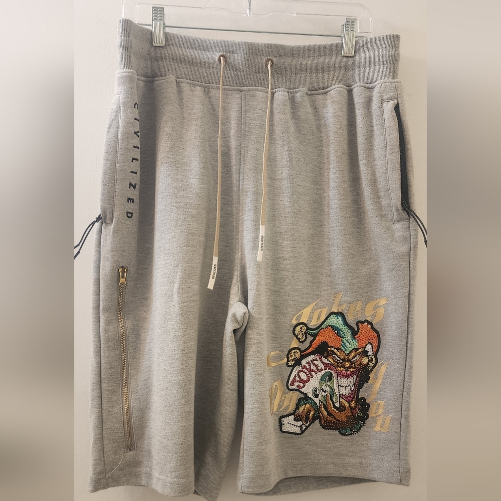New Civilized Stylized Gray Men's Shorts with Joker Design, Size Large.‎